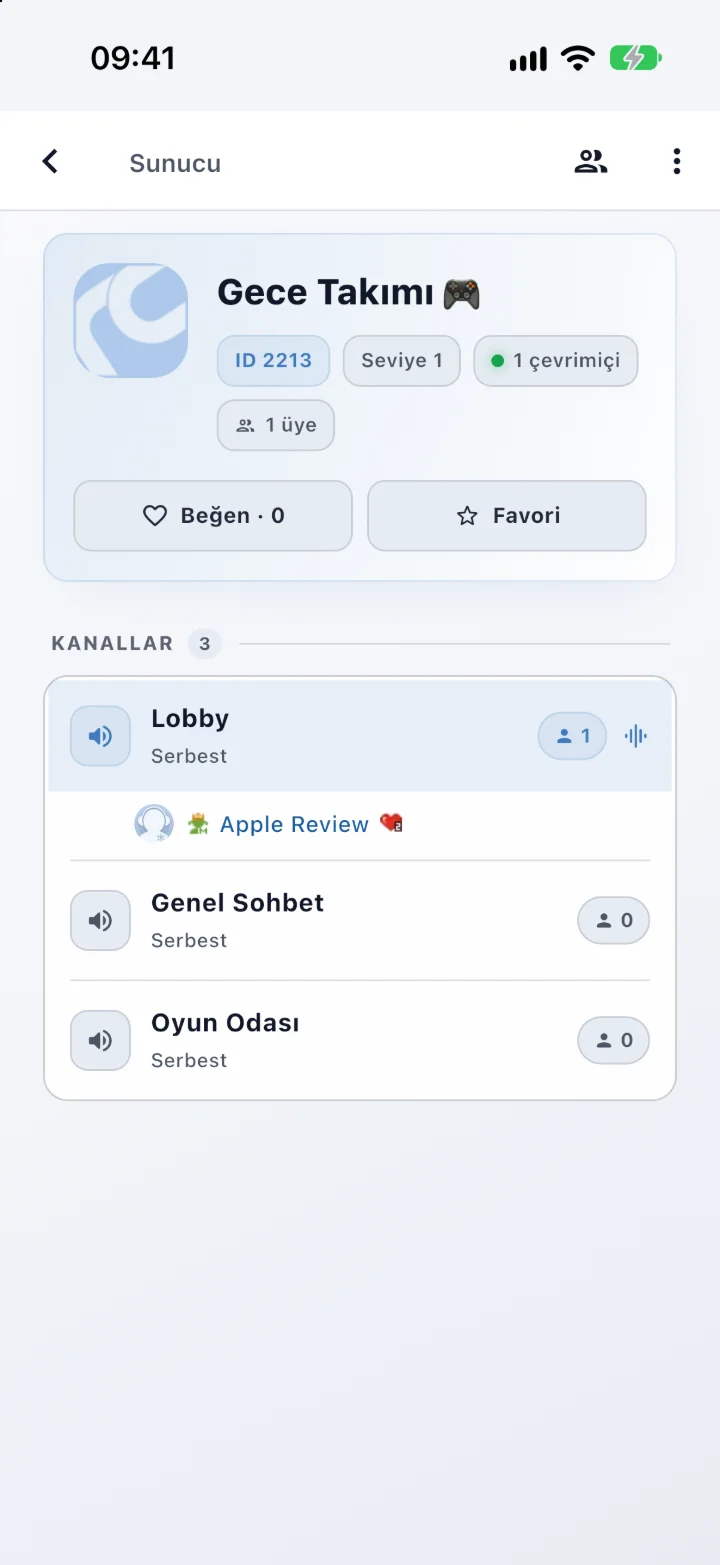 RaidCall mobil uygulamasında sunucu ve kanallar